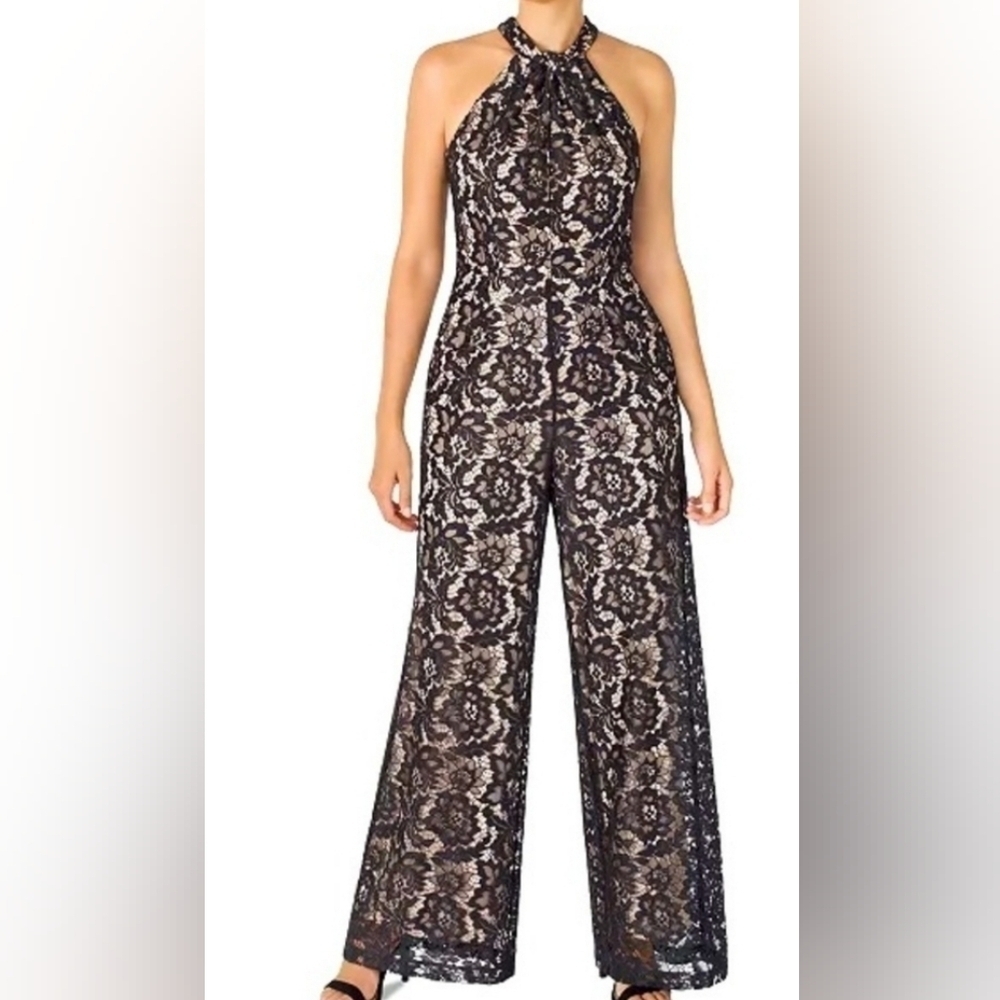 julia jordan Black Lace Halter Jumpsuit with Nude Underlay